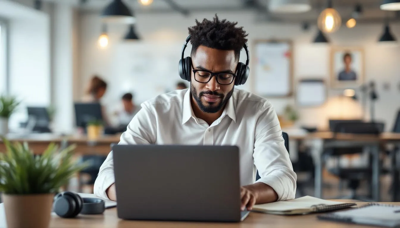 An adult with autism spectrum disorder is successfully engaged in an office environment, demonstrating strong communication skills and adaptive behaviours. This image highlights the potential for autistic individuals to thrive in their careers with appropriate support and coping strategies.