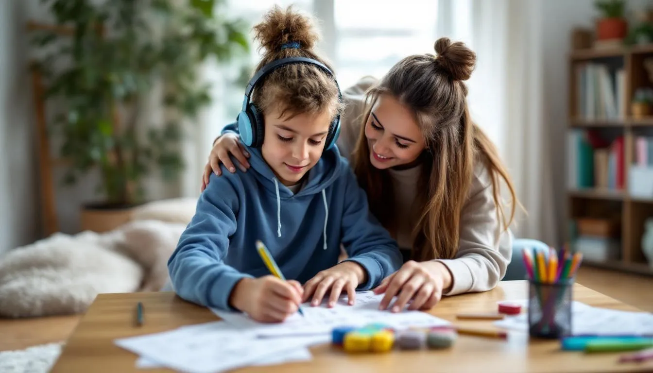 A family is gathered around a table, providing support to their autistic child during homework time, fostering communication skills and encouraging the development of adaptive behaviours. This scene highlights the importance of early intervention and support systems for children with autism spectrum disorder as they navigate their educational tasks.