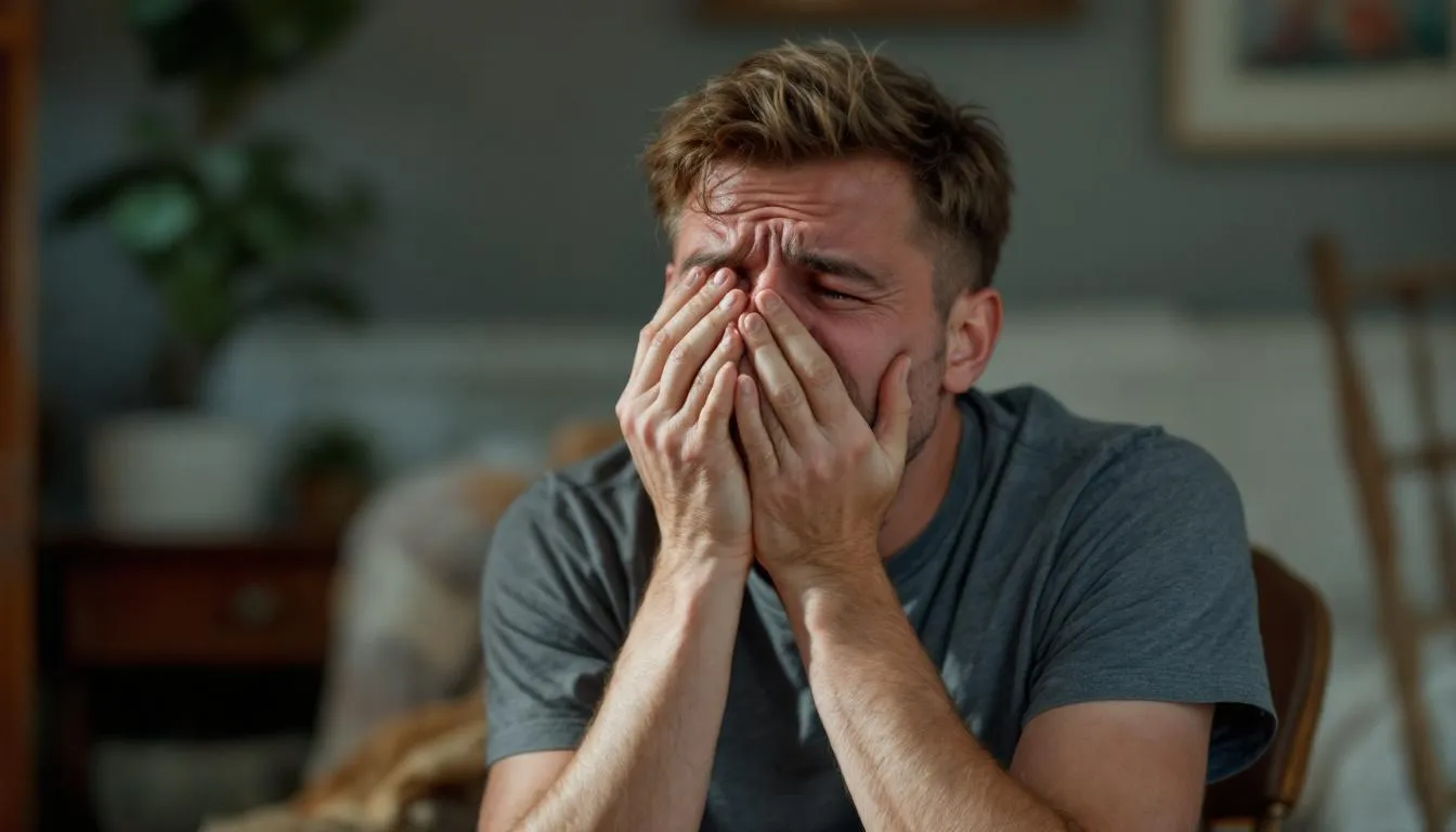 The image depicts an upset adult with autism, visibly distressed due to sensory overload from bright lights and loud noises. This emotional overwhelm may lead to an autistic meltdown, highlighting the importance of recognizing early warning signs and providing a quiet space for coping strategies like deep breathing exercises.