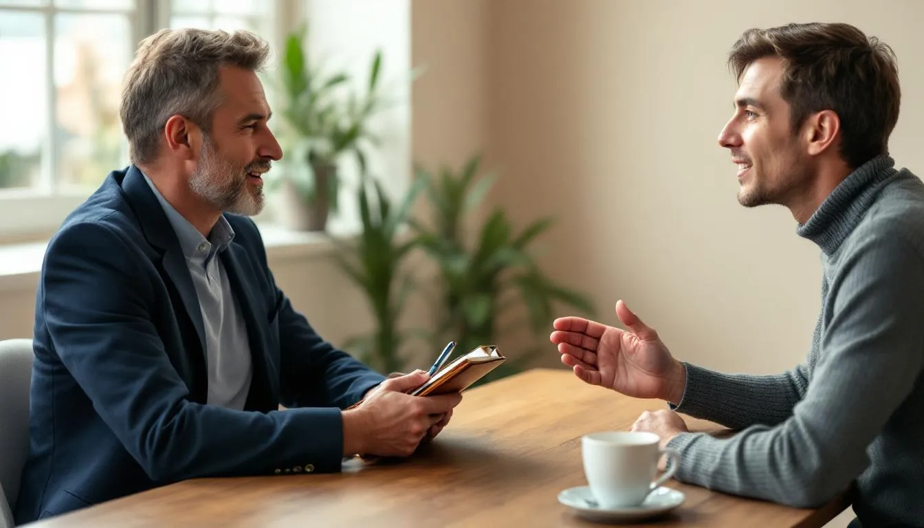 The image depicts two individuals engaged in a therapy session, with one person taking notes while the other speaks, highlighting the importance of mental health discussions, particularly around conditions like borderline personality disorder (BPD) and autism spectrum disorder. This scene illustrates the therapeutic process that can aid in understanding emotional regulation and interpersonal relationships for those navigating mental health challenges.