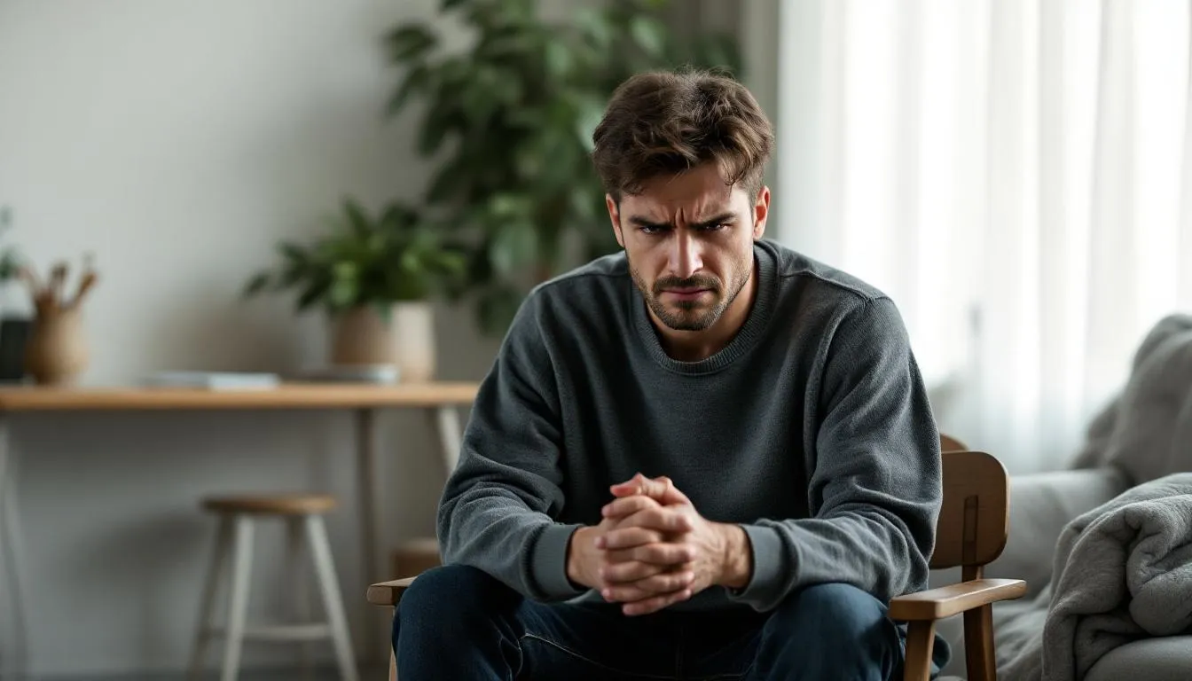 The image depicts an upset adult with autism, visibly distressed due to sensory overload from bright lights and loud noises. This emotional overwhelm may lead to an autistic meltdown, highlighting the importance of recognizing early warning signs and providing a quiet space for coping strategies like deep breathing exercises.