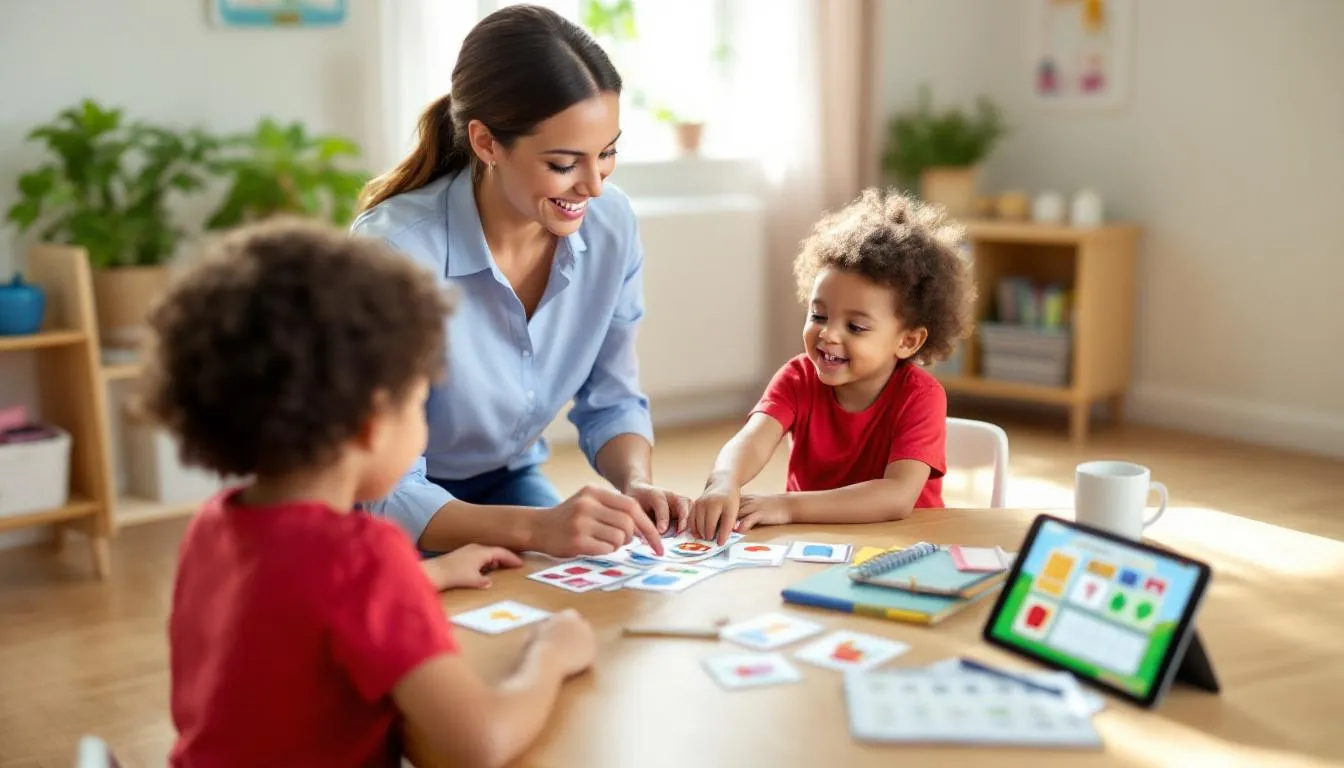 A speech therapist is engaged with a child, using communication cards to enhance the child's language skills and communication abilities. This therapeutic interaction supports children with autism spectrum disorders, focusing on improving nonverbal communication skills and fostering social interactions.