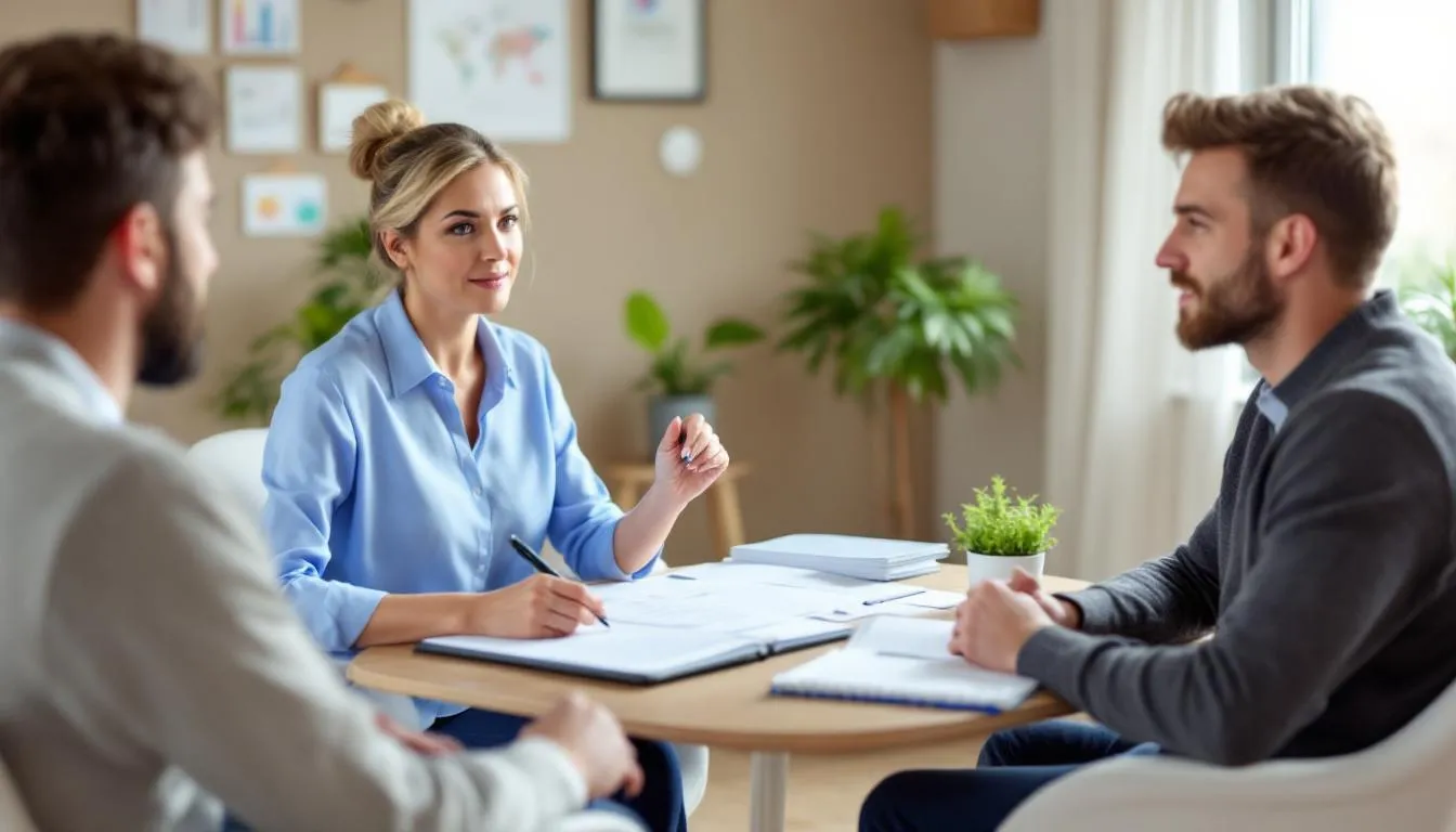 In a calm and organized office setting, a therapist collaborates with a client using visual aids and structured materials to address emotional regulation and interpersonal relationships, particularly in the context of mental health conditions like borderline personality disorder (BPD) and autism spectrum disorder. The environment is designed to foster understanding and support for individuals navigating social cues and emotional dysregulation.