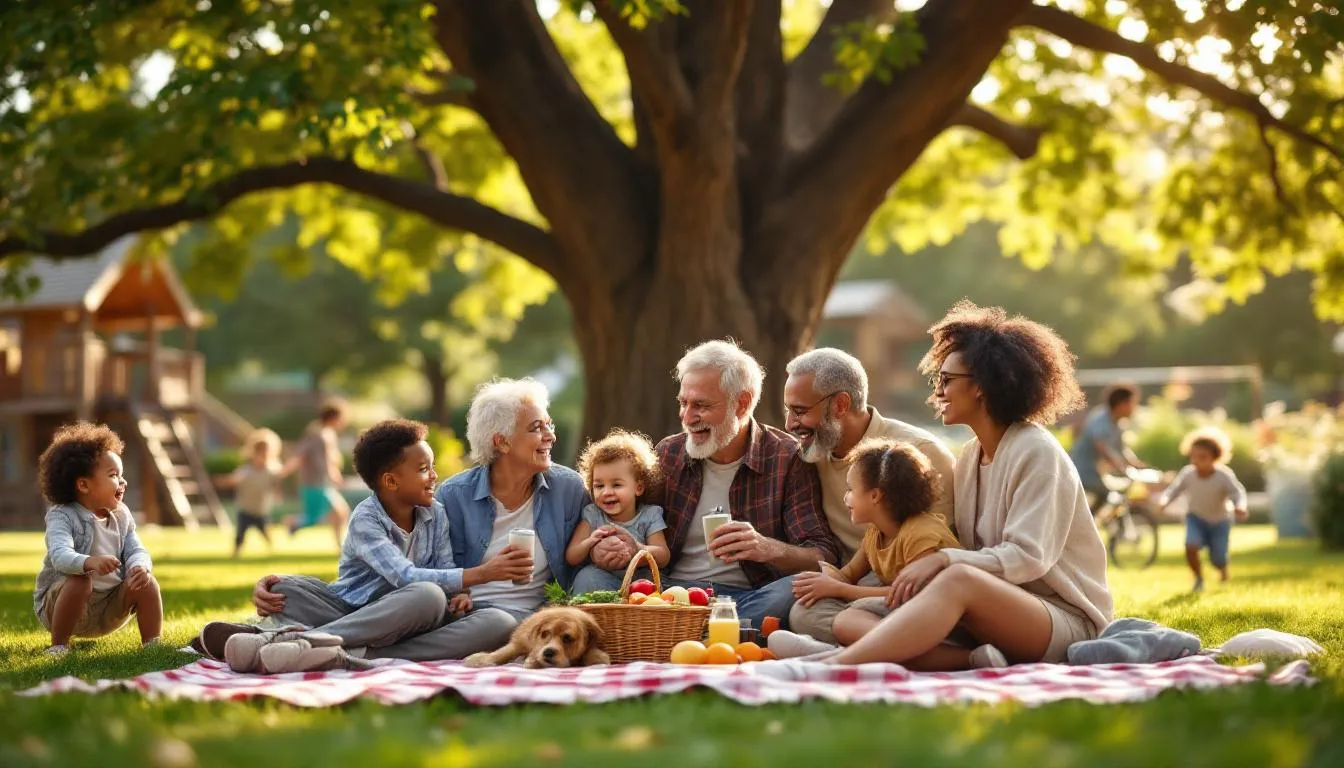 The image depicts a diverse family with multiple generations, including grandparents, parents, and children, enjoying time together outdoors. This scene highlights the strong genetic component and family history related to autism spectrum disorders, emphasizing the complex interplay of genetic and environmental factors that can influence the risk of autism in future generations.