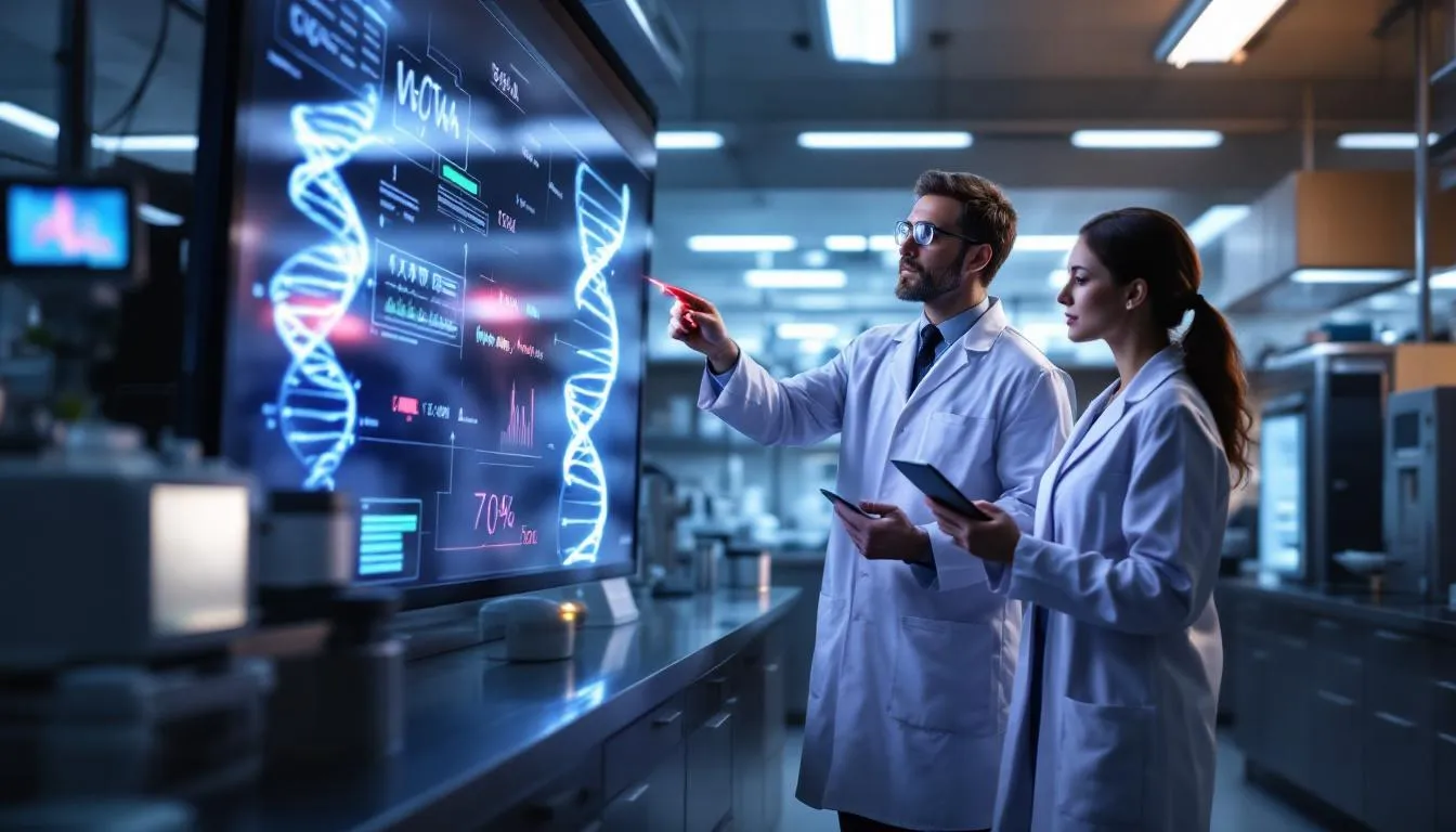 In the image, medical professionals are intently reviewing genetic test results displayed on a computer screen, discussing the potential risk factors for autism spectrum disorder. Their focus highlights the importance of prenatal genetic testing in identifying early signs and providing valuable insights into a child's development and the complexities of genetic and environmental factors related to autism.