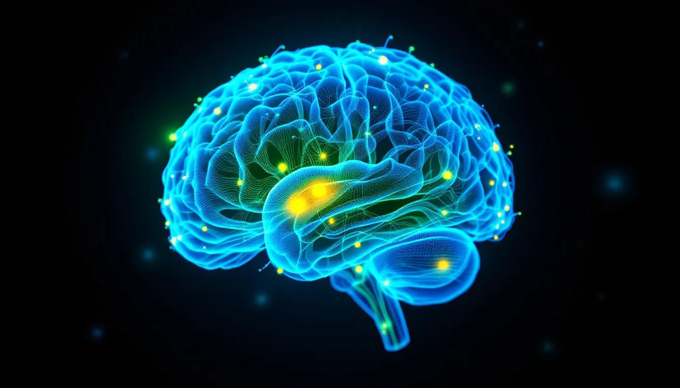 The image depicts a brain imaging scan illustrating neural pathways and neurotransmitter activity, highlighting areas of serotonin levels and their potential implications for mental health, particularly in relation to autism spectrum disorders and severe depression. This visual representation can aid in understanding the effects of selective serotonin reuptake inhibitors (SSRIs) and their role in treating conditions like anxiety disorders and obsessive-compulsive disorder.