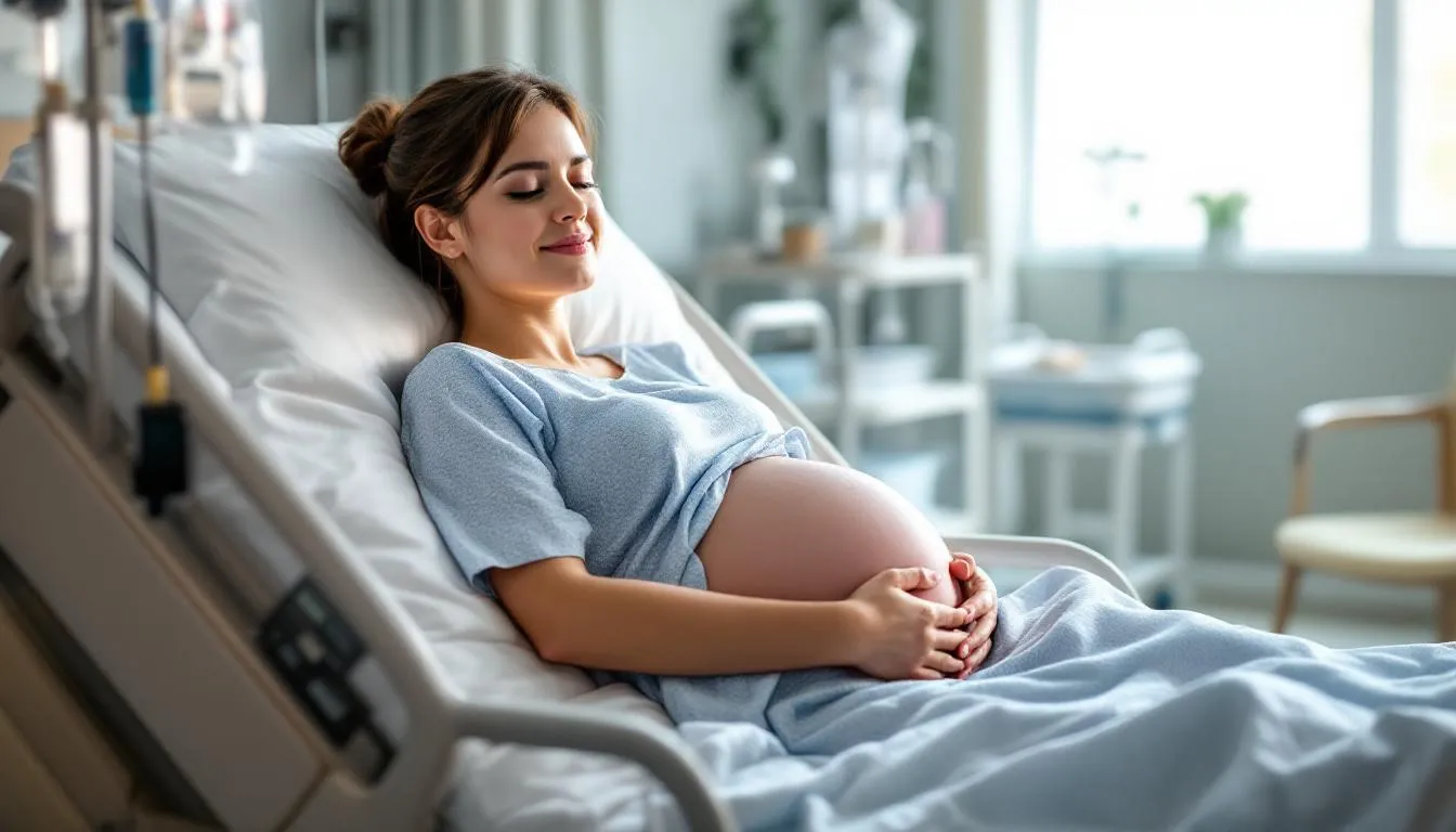 The image shows a pregnant woman lying on a hospital bed, surrounded by medical professionals. The setting suggests a focus on childbirth, which may involve discussions about potential birth complications and their associated risks, such as birth trauma and its possible links to conditions like autism spectrum disorder.