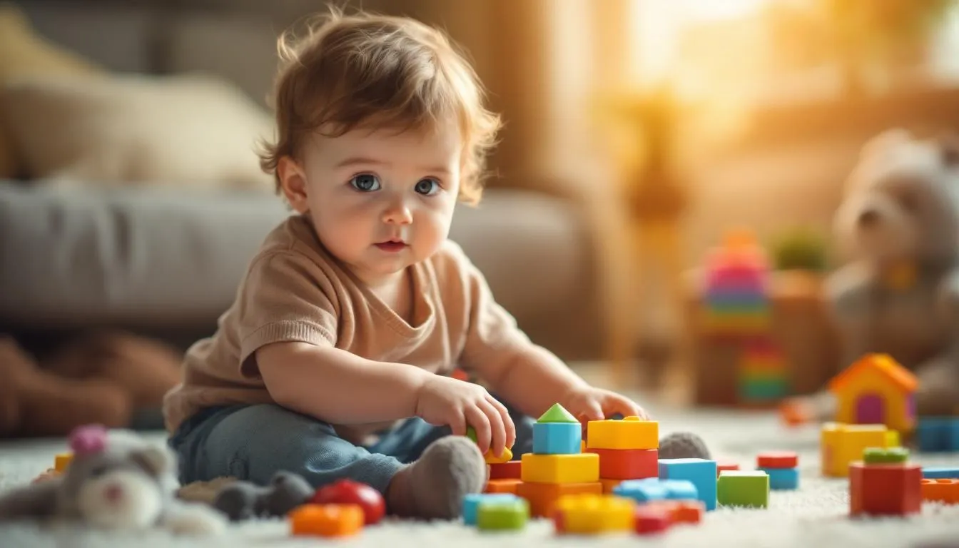 A young child is happily engaged in play with colorful toys, showcasing their developing cognitive and motor skills. This scene reflects the importance of early intervention and therapeutic approaches, such as occupational therapy, in supporting children with autism spectrum disorders as they reach their developmental milestones.