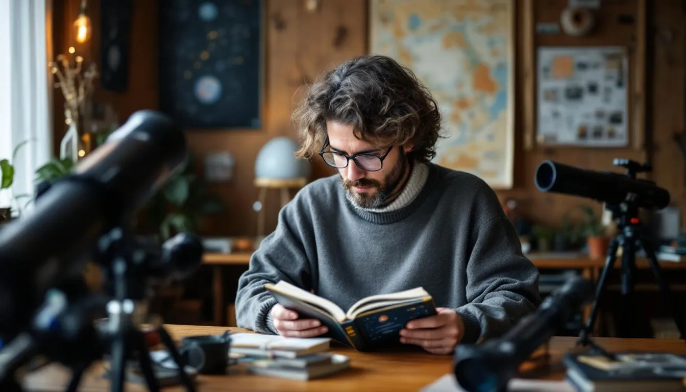 A person sits comfortably, engrossed in a book about their special interest, surrounded by various related materials and collections. This scene reflects the deep engagement often seen in autistic individuals, showcasing their passion and focus on specific topics, while highlighting the importance of understanding emotional regulation and interpersonal relationships in the context of mental health.