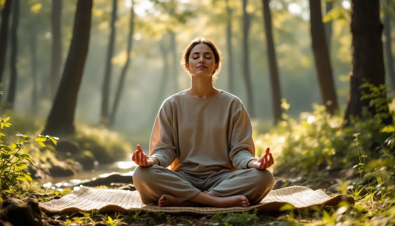A person is practicing mindfulness meditation in a serene natural setting, surrounded by trees and soft sunlight filtering through the leaves. This peaceful scene highlights the importance of mental health and relaxation techniques for managing anxiety disorders and depression, which can be particularly relevant for autistic adults and those with autism spectrum disorders.