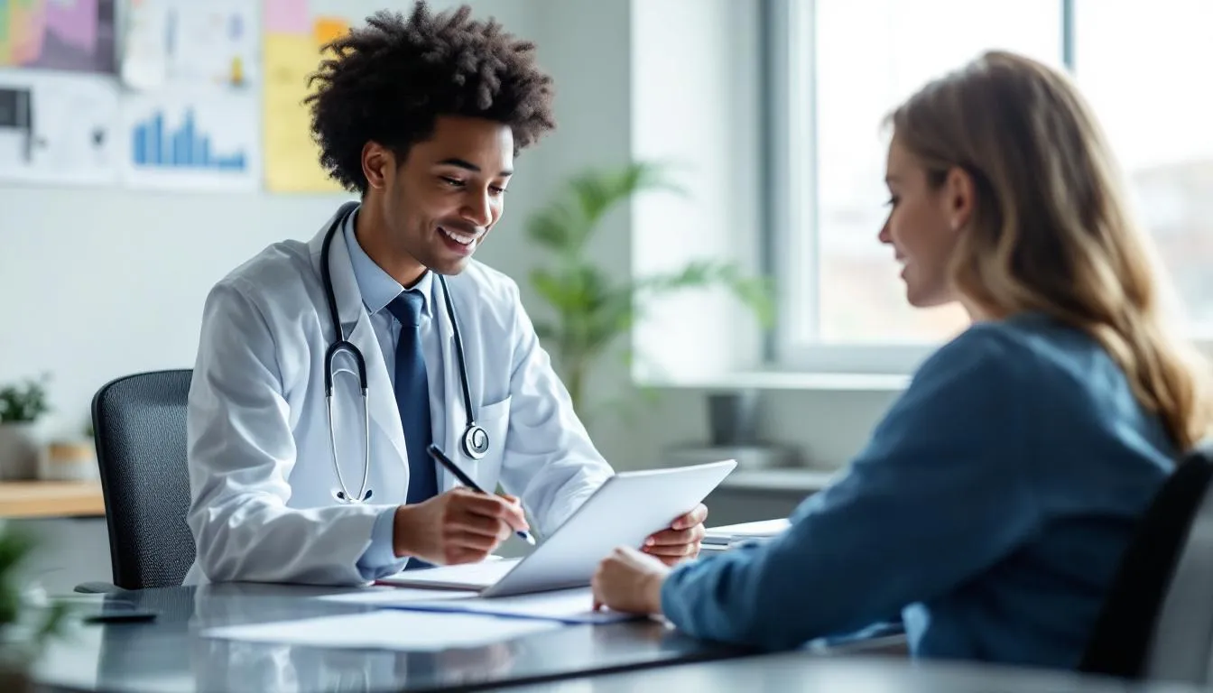 A healthcare professional is sitting across from a patient, reviewing assessment materials and taking notes. The scene highlights the importance of accurate diagnosis in mental health, particularly for conditions like borderline personality disorder and autism spectrum disorder, as they discuss the patient's emotional regulation and interpersonal relationships.