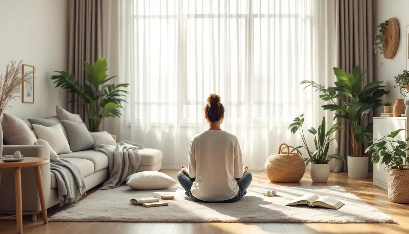 The image depicts a person in a serene and organized room filled with sensory tools and comfort items, actively engaged in a self-care routine. This environment is supportive for individuals with emotional dysregulation, such as those experiencing traits of borderline personality disorder and autism spectrum disorder, helping to promote mental health and emotional regulation.