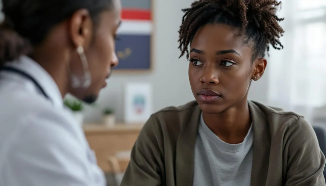 A medical assessment setting for autism applicants, showing a healthcare professional discussing medical history.