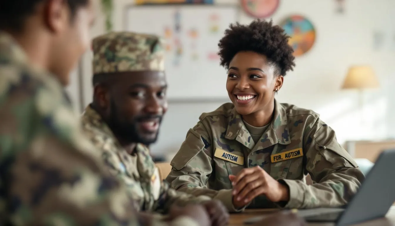 A group of diverse individuals in military uniforms discussing opportunities, including those with autism.