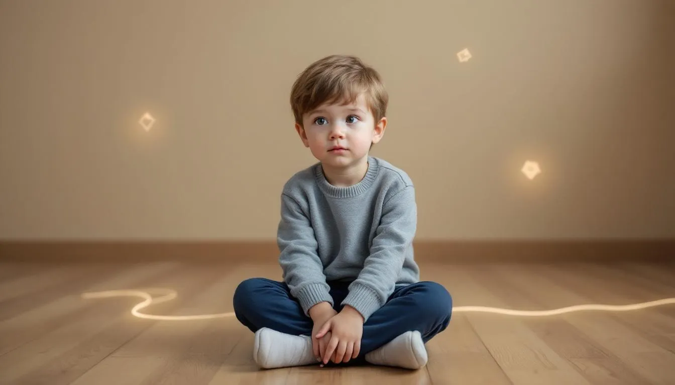 A representation of autism symptoms intensifying over time, showing an autistic child in a thoughtful pose.