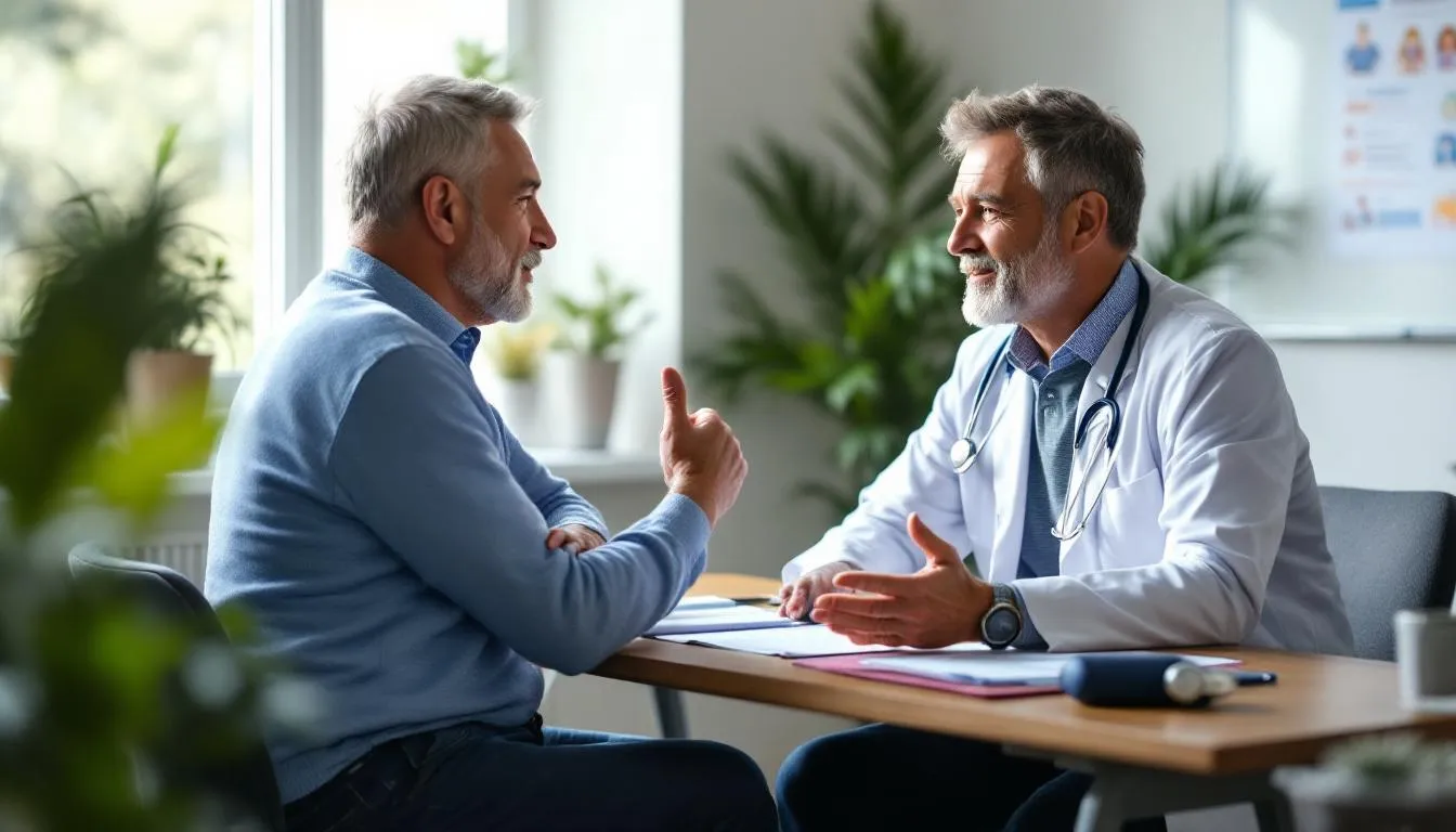 A patient is consulting with a general practitioner in a primary care setting, discussing concerns related to autism spectrum disorder (ASD) and the autism diagnosis process. The scene highlights the importance of communication skills and social interaction as the patient seeks advice on assessment services for autistic children.