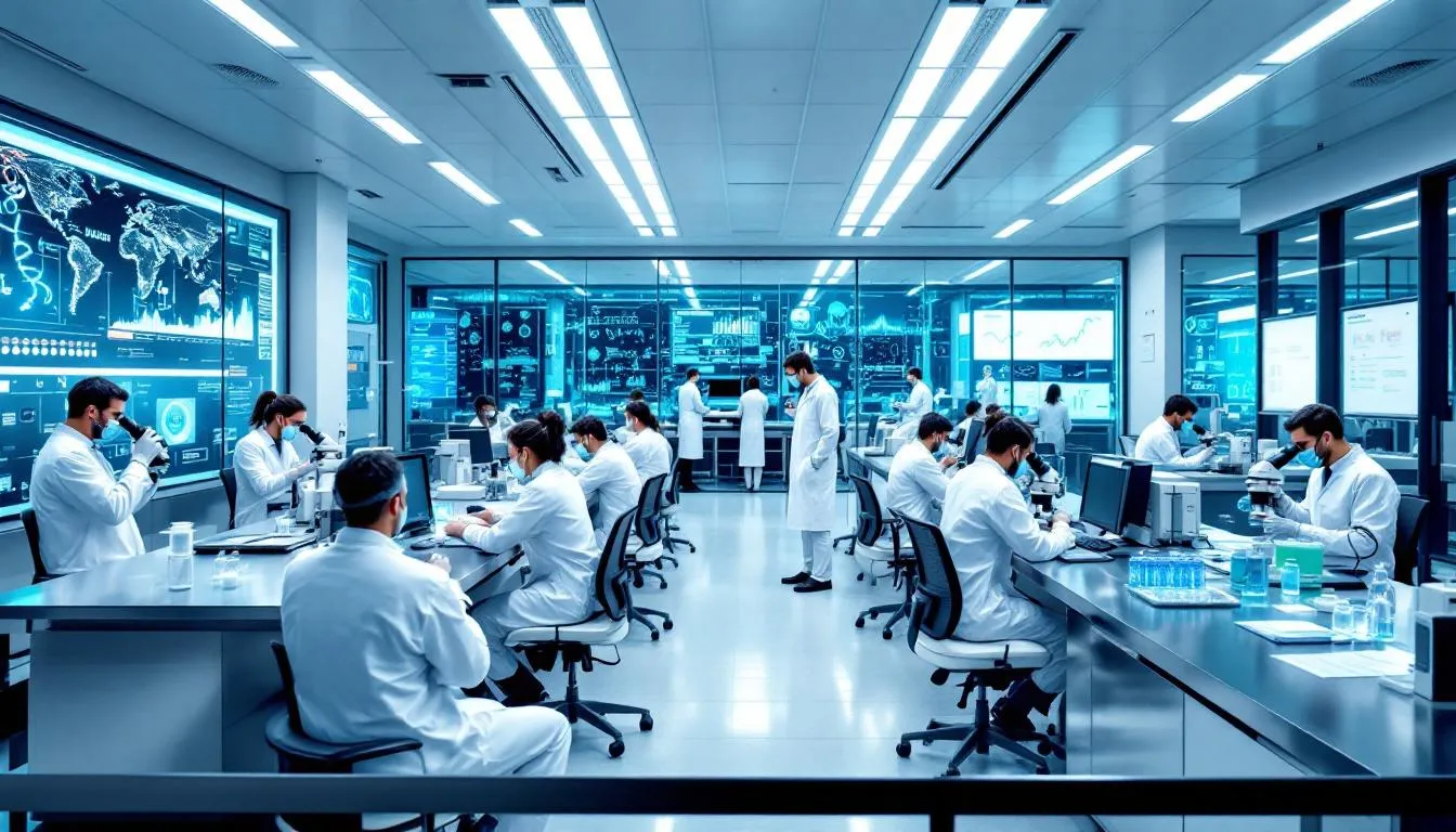 The image depicts a research laboratory where scientists are meticulously analyzing genetic samples and data related to mental health, including autism spectrum disorders and the effects of selective serotonin reuptake inhibitors (SSRIs). The environment is filled with advanced equipment, highlighting the importance of understanding genetic factors and risk factors associated with various developmental disorders.
