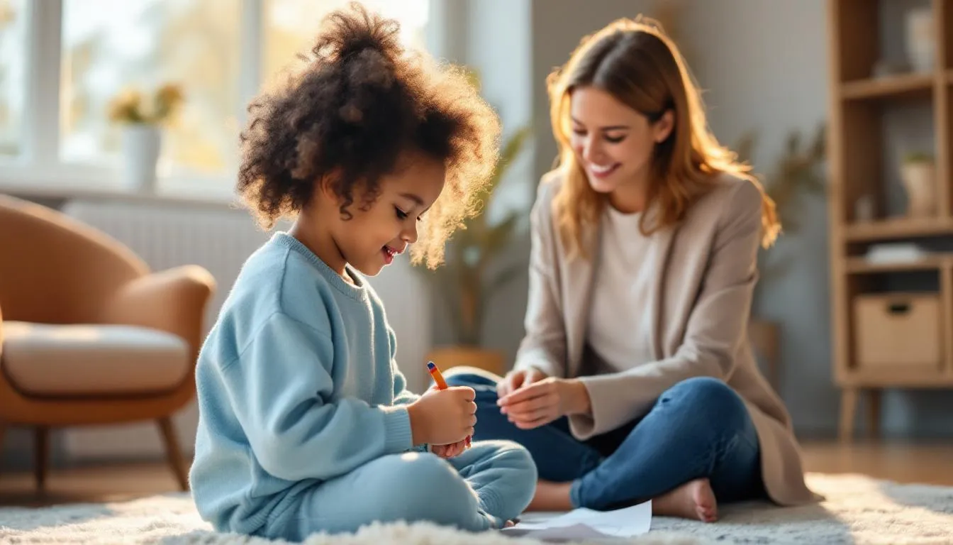 A young child is engaged in a supportive therapy session with a therapist in a calm environment, focusing on improving communication abilities and addressing potential trauma-related symptoms. This interaction highlights the importance of early intervention for children with autism spectrum disorders and those impacted by childhood trauma.