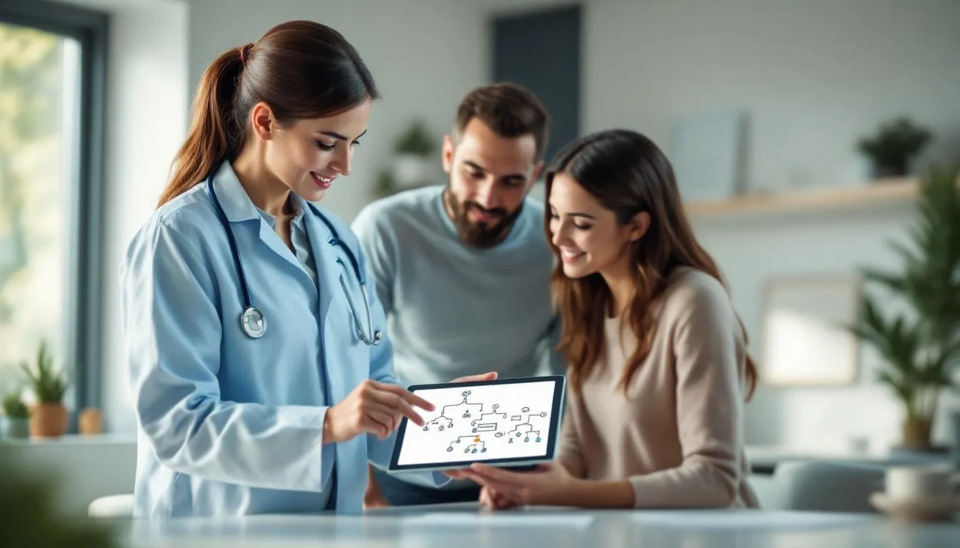 A genetic counselor is explaining a family tree diagram to a young couple in a medical office, highlighting the genetic factors that may contribute to autism spectrum disorders. The discussion likely includes topics such as genetic predispositions, inheritance patterns, and the potential for autism to skip a generation.
