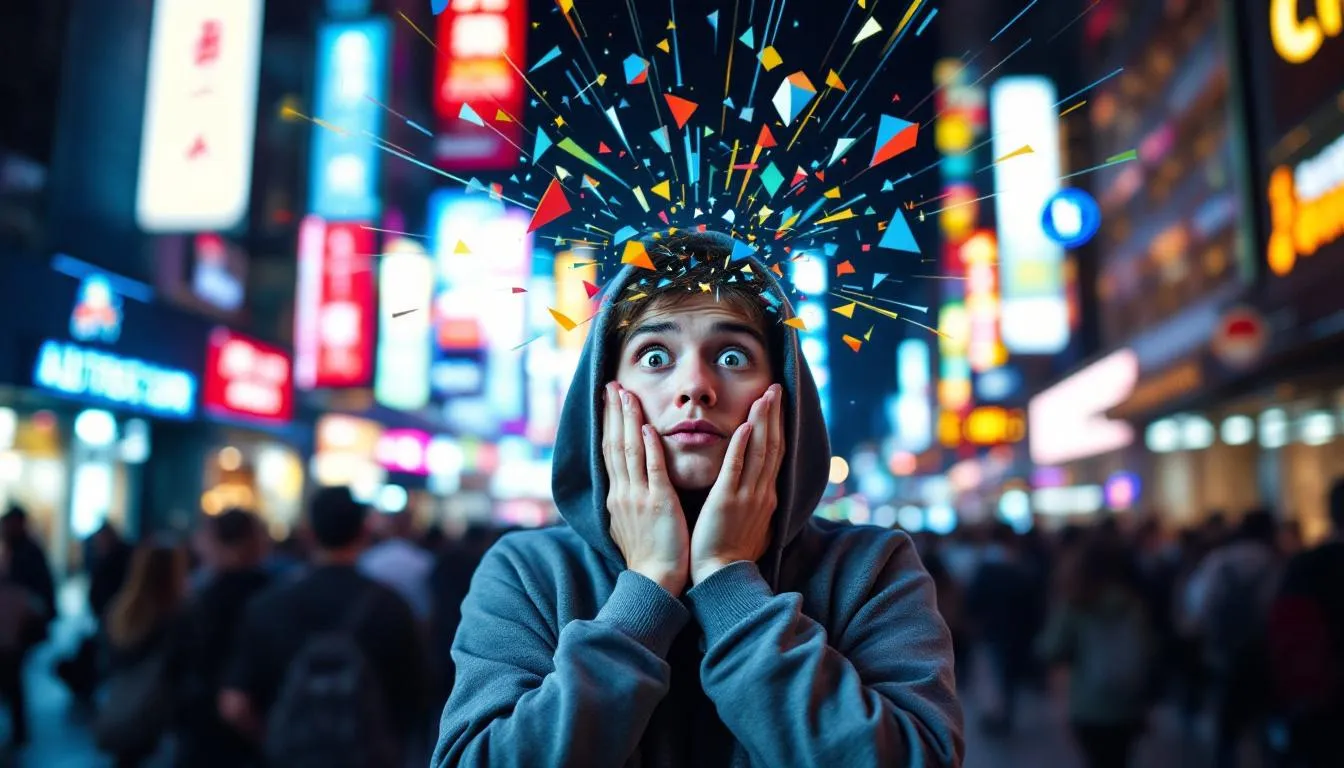 An image depicting sensory overload, illustrating an autistic person in a crowded environment.
