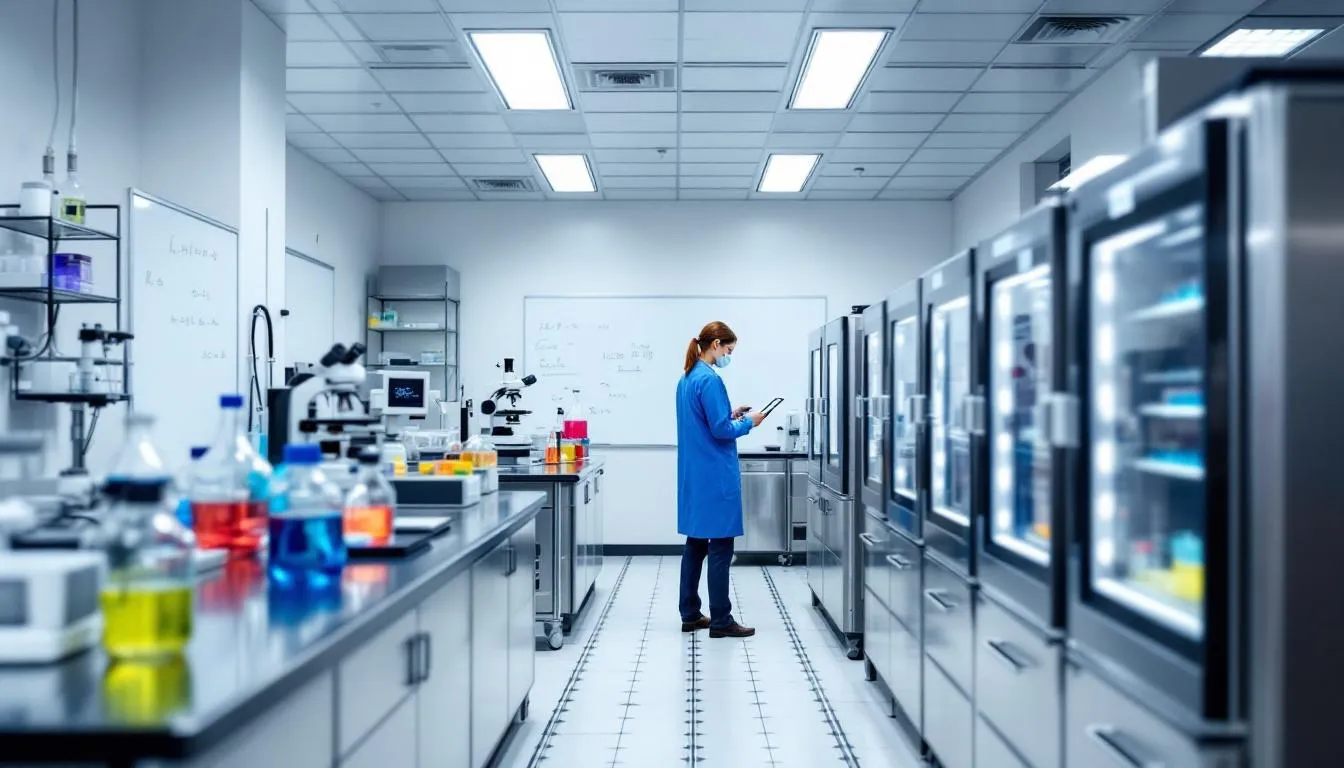 The image depicts a medical research laboratory, filled with advanced equipment and researchers engaged in studying autism spectrum disorders. The environment is focused on investigating genetic and environmental factors that contribute to developmental delays and regressive autism in children, highlighting the importance of early intervention and therapeutic approaches.