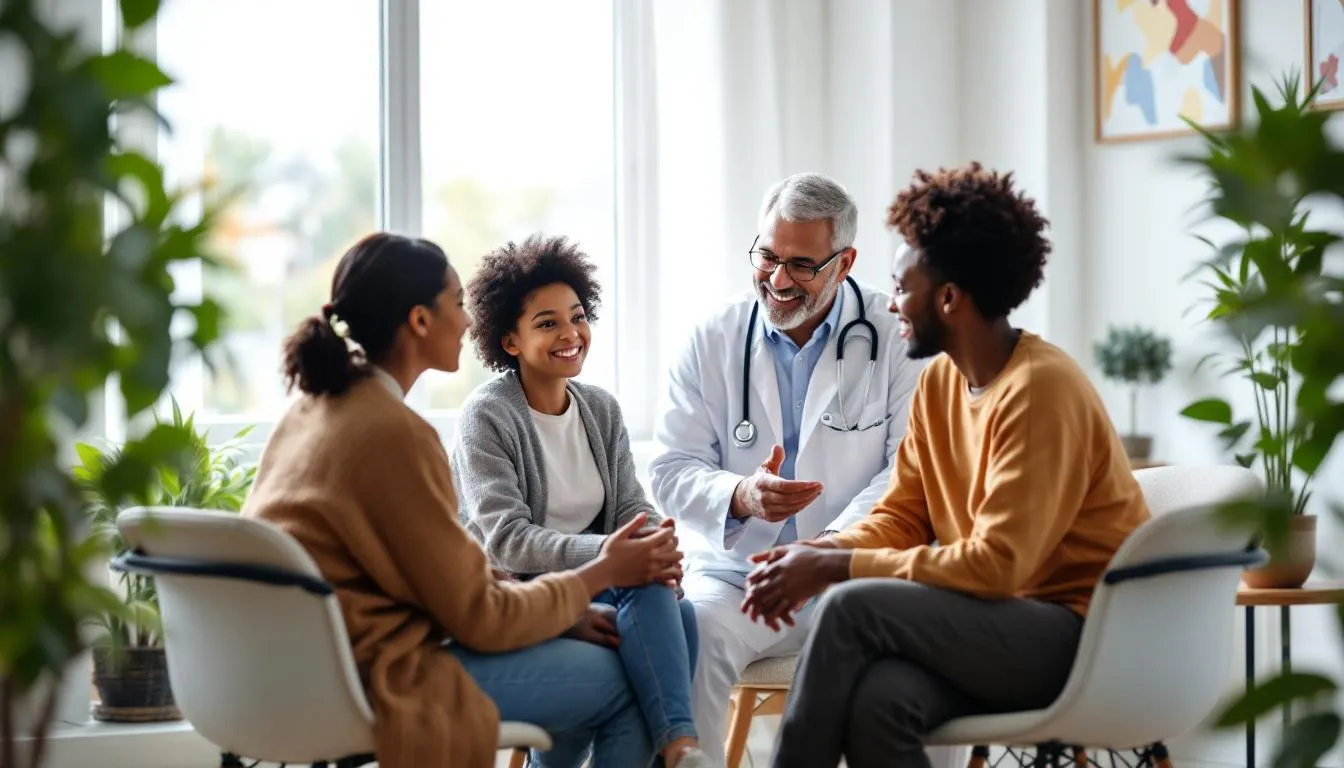 The image depicts a diverse family engaged in a discussion with a healthcare professional inside a bright and welcoming medical office, highlighting the importance of early diagnosis and intervention for autism spectrum disorder. This setting reflects the complex interplay of genetic and environmental factors that can influence autism risk, emphasizing the need for personalized risk assessments in understanding familial patterns and the possibility of autism skipping a generation.