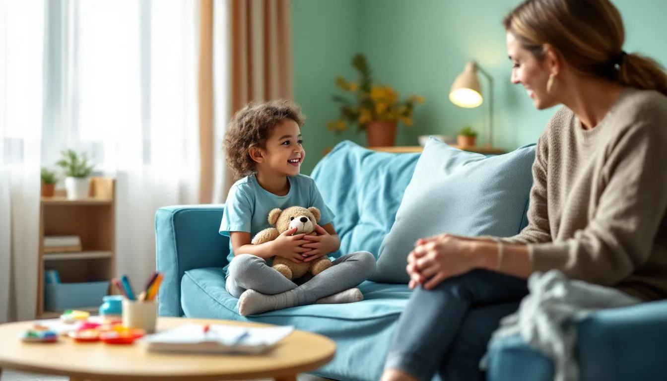 The image depicts a child engaged in behavioral therapy, focusing on enhancing communication skills and managing symptoms associated with autism spectrum disorder and other neurological disorders. The therapist is guiding the child through activities designed to address social interactions and reduce anxiety, highlighting the importance of appropriate support for individuals with developmental disorders.