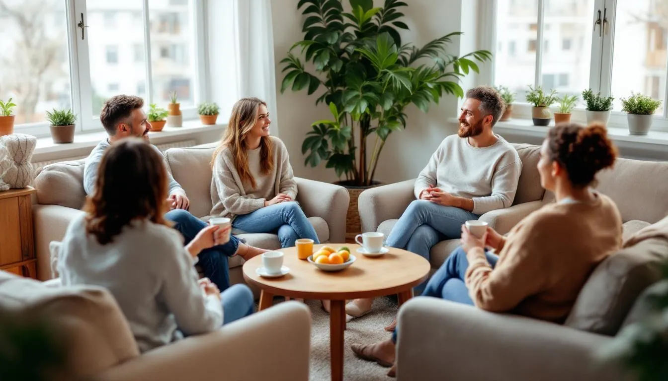 The image depicts a support group meeting held in a cozy and inviting space, where individuals, including autistic adults and children, gather to share their experiences related to childhood trauma and mental health. The atmosphere is warm and supportive, fostering open discussions about PTSD symptoms and the impact of traumatic life events on development.